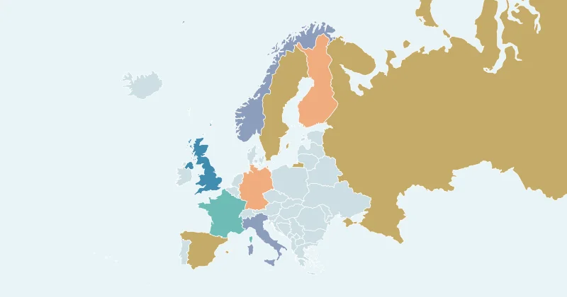 Example Europe map with custom region colours